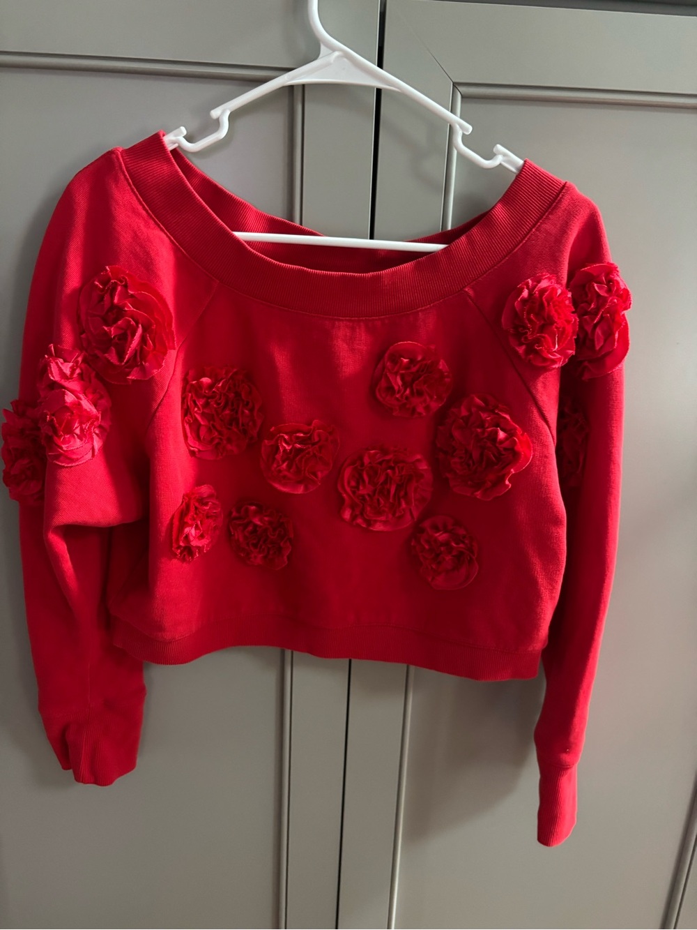 Maeve Anthropologie Cropped 3-D Floral Sweatshirt Red Small - Picture 3 of 6